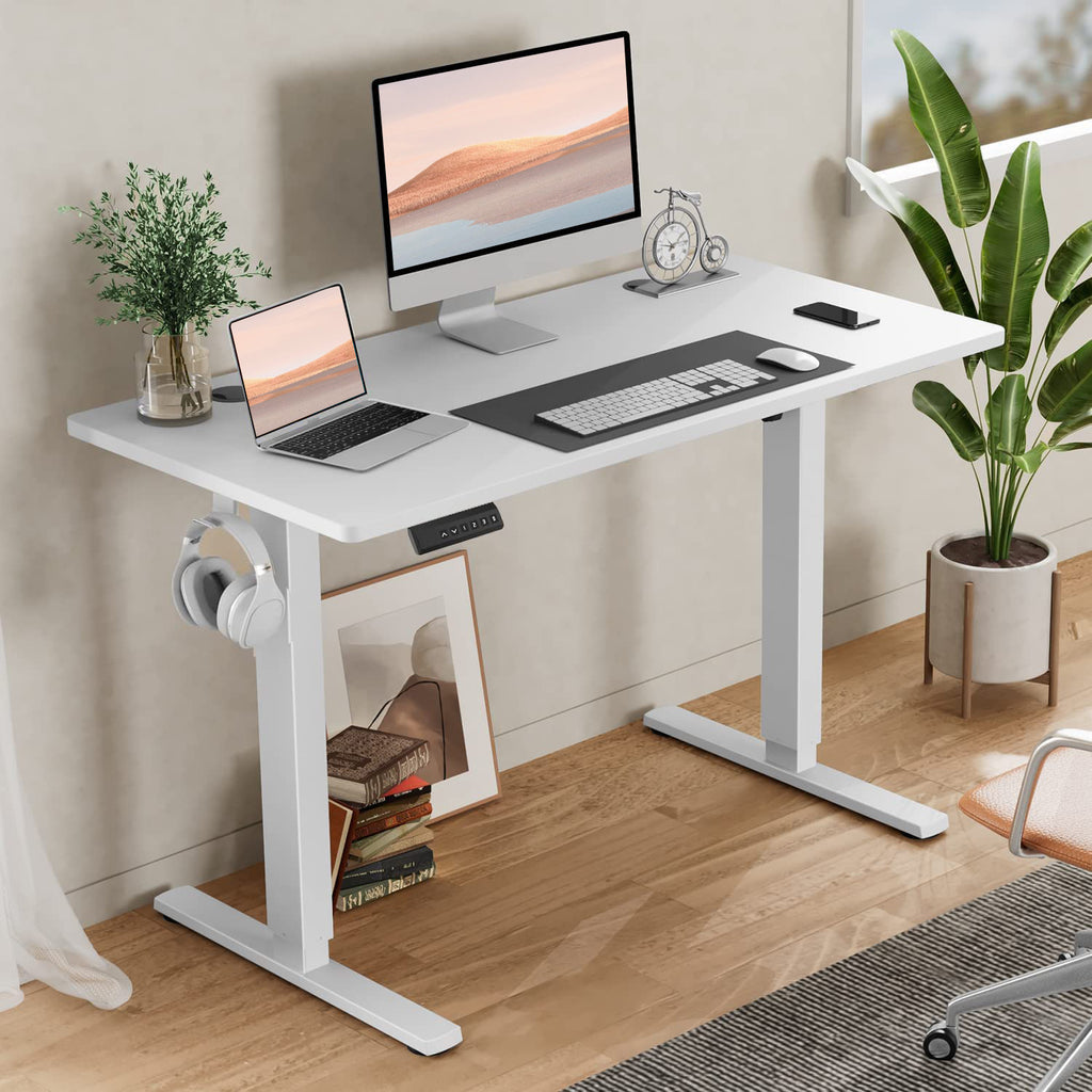 Shopi Vella standing desk for home office with white finish, dual monitors, and headphone hook
