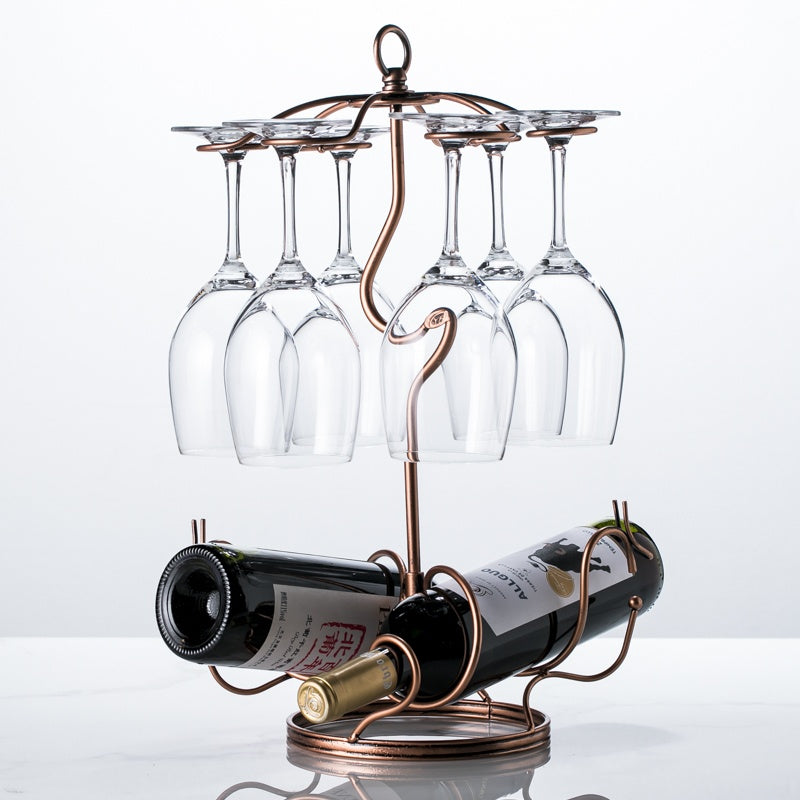 Shopi Vella upside down wine glass rack with copper finish holding six wine glasses and two bottles