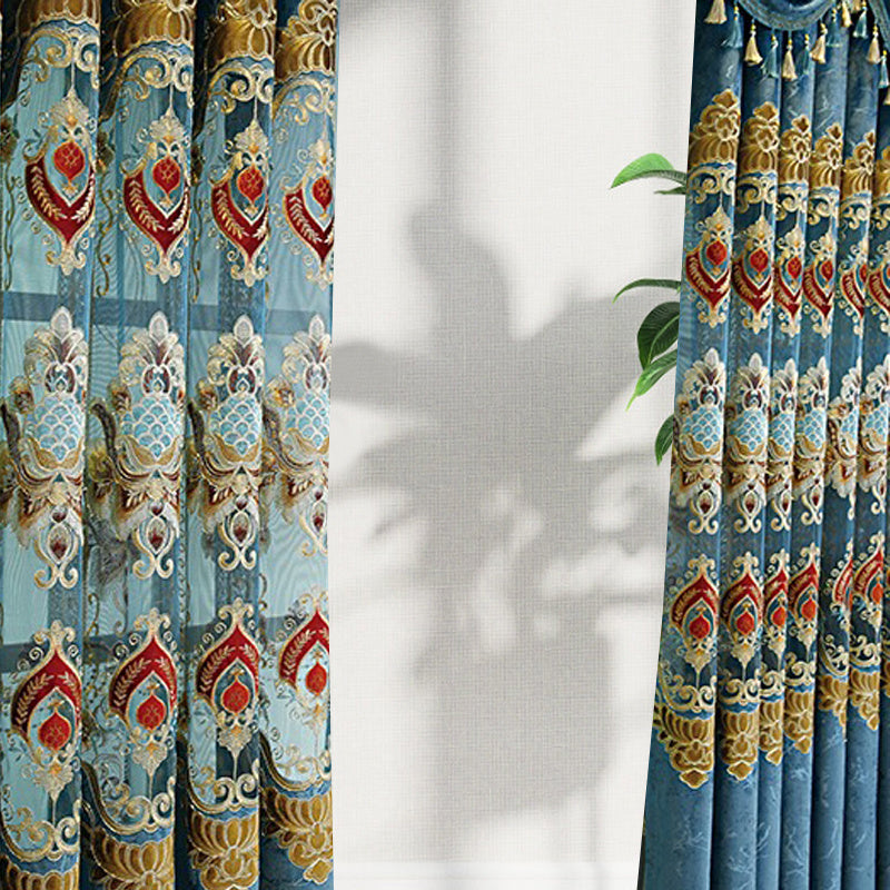 Shopi Vella modern velvet living room curtains with intricate blue gold and red patterns
