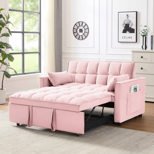 Shopi Vella modern velvet loveseat sleeper sofa in pink with tufted cushions and side pockets