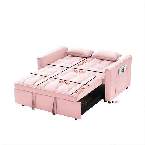 Pink modern velvet loveseat sleeper sofa bed with soft cushions and storage pocket on side