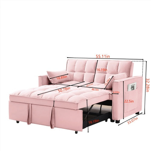 Shopi Vella modern velvet loveseat sleeper sofa in pink with tufted cushions and built-in side pockets
