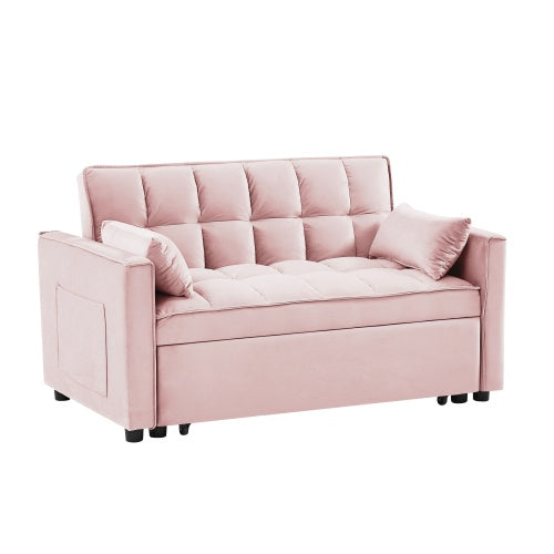 Shopi Vella modern velvet loveseat sleeper sofa in soft pink with tufted cushions and matching pillows
