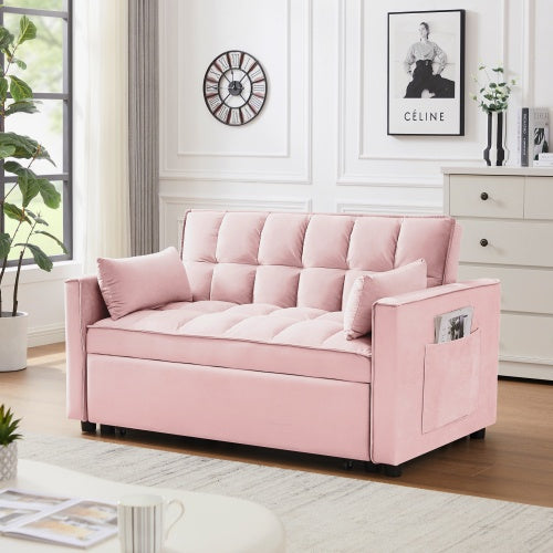 Shopi Vella modern velvet loveseat sleeper sofa in soft pink with tufted cushions and side pocket in a bright living room