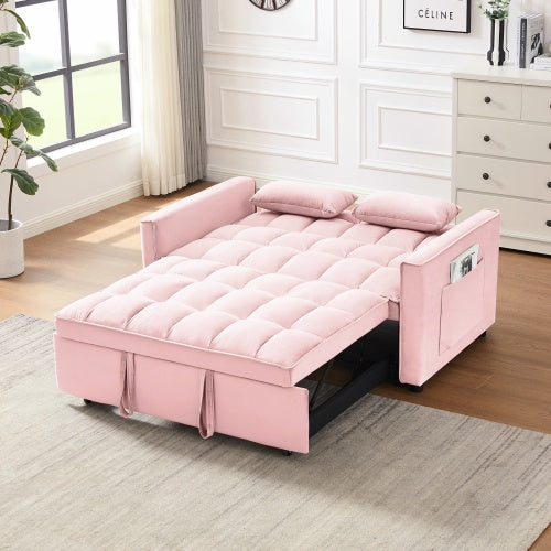 Shopi Vella modern velvet loveseat sleeper sofa in pink with tufted cushions and side storage pocket