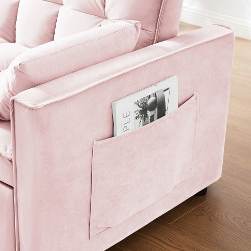 Shopi Vella modern velvet loveseat sleeper sofa in pink with back pocket holding a magazine