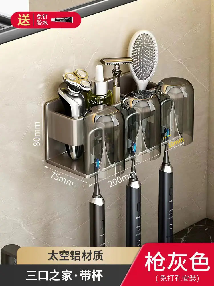 Wall-mounted toothbrush holder in gray with compartments for toothbrushes and grooming tools