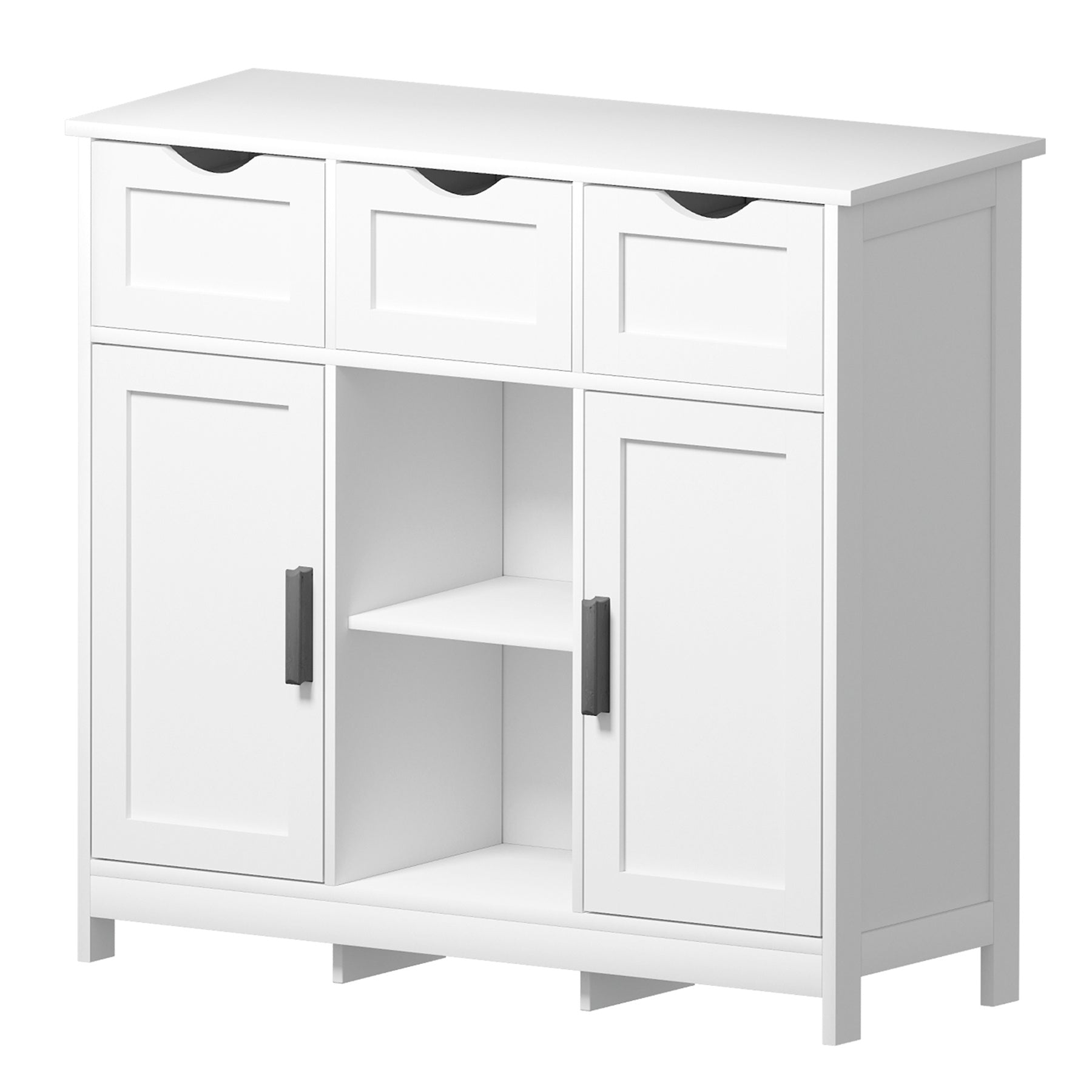 Shopi Vella white living room cabinet with shelves featuring three drawers and two doors