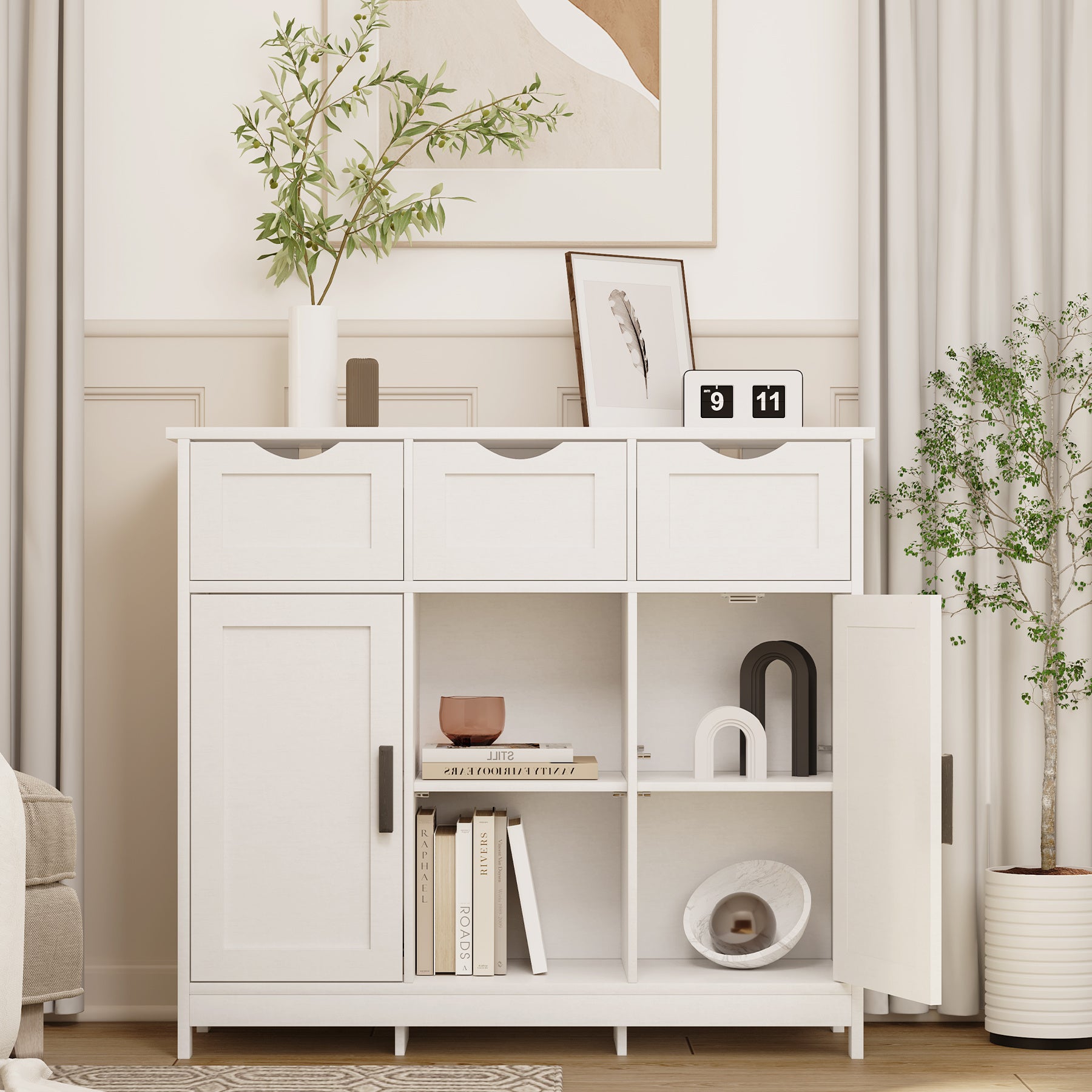 Shopi Vella living room cabinet with shelves in white finish featuring drawers and decorative items