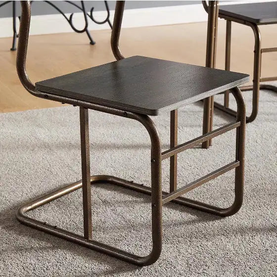 Close-up of modern wooden dining table set chair with dark wood seat and metal frame on carpet