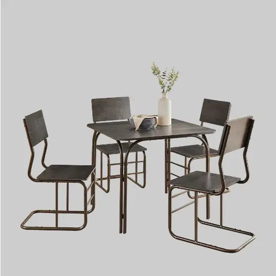 Modern wooden dining table set with four matching chairs and metal frame in dark finish