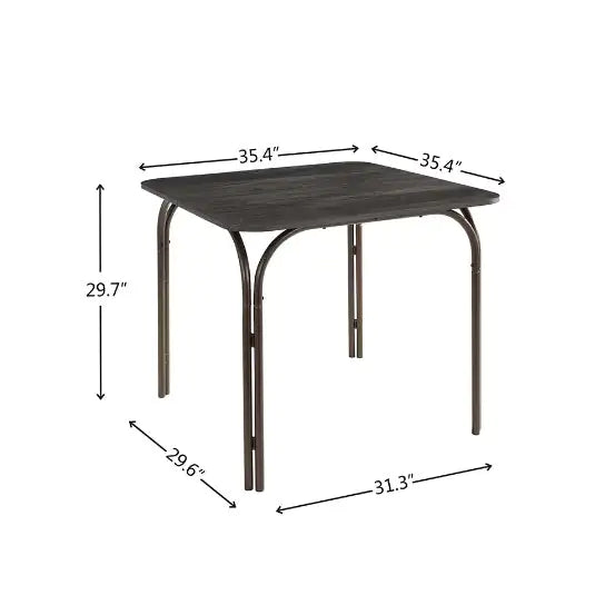 Modern wooden dining table set with metal legs and square dark wood top showing dimensions