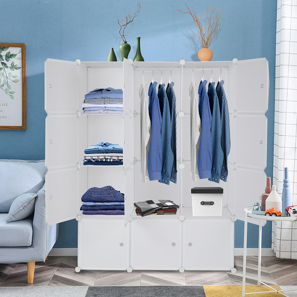Shopi Vella modular plastic wardrobe organizer with hanging and shelving storage compartments in a blue room