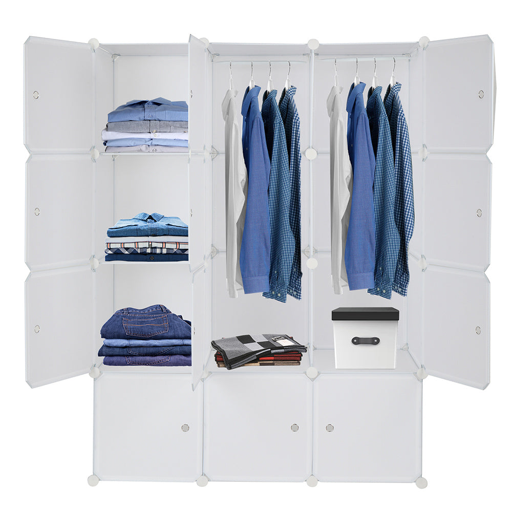 Shopi Vella modular plastic wardrobe organizer with hanging clothes and folded shirts for efficient storage