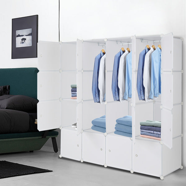 Shopi Vella portable wardrobe with shelves in white storing shirts and folded clothes in modern bedroom