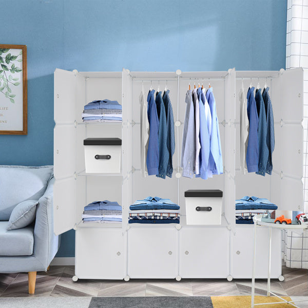 Shopi Vella portable wardrobe with shelves in white holding folded clothes and hanging shirts in a modern living room