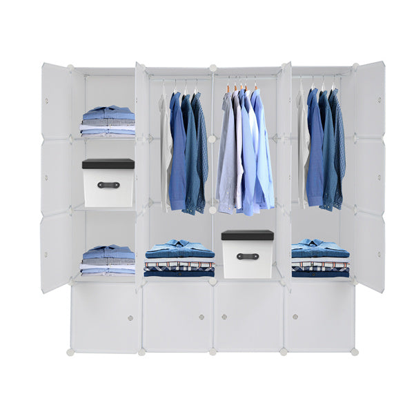 Shopi Vella portable wardrobe with shelves in white holding folded clothes and hanging shirts