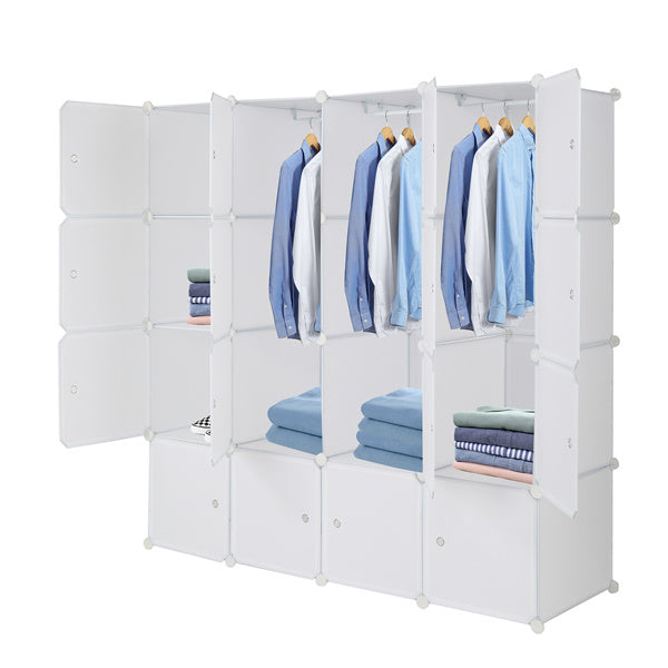 Shopi Vella portable wardrobe with shelves in white holding hanging shirts and folded clothes