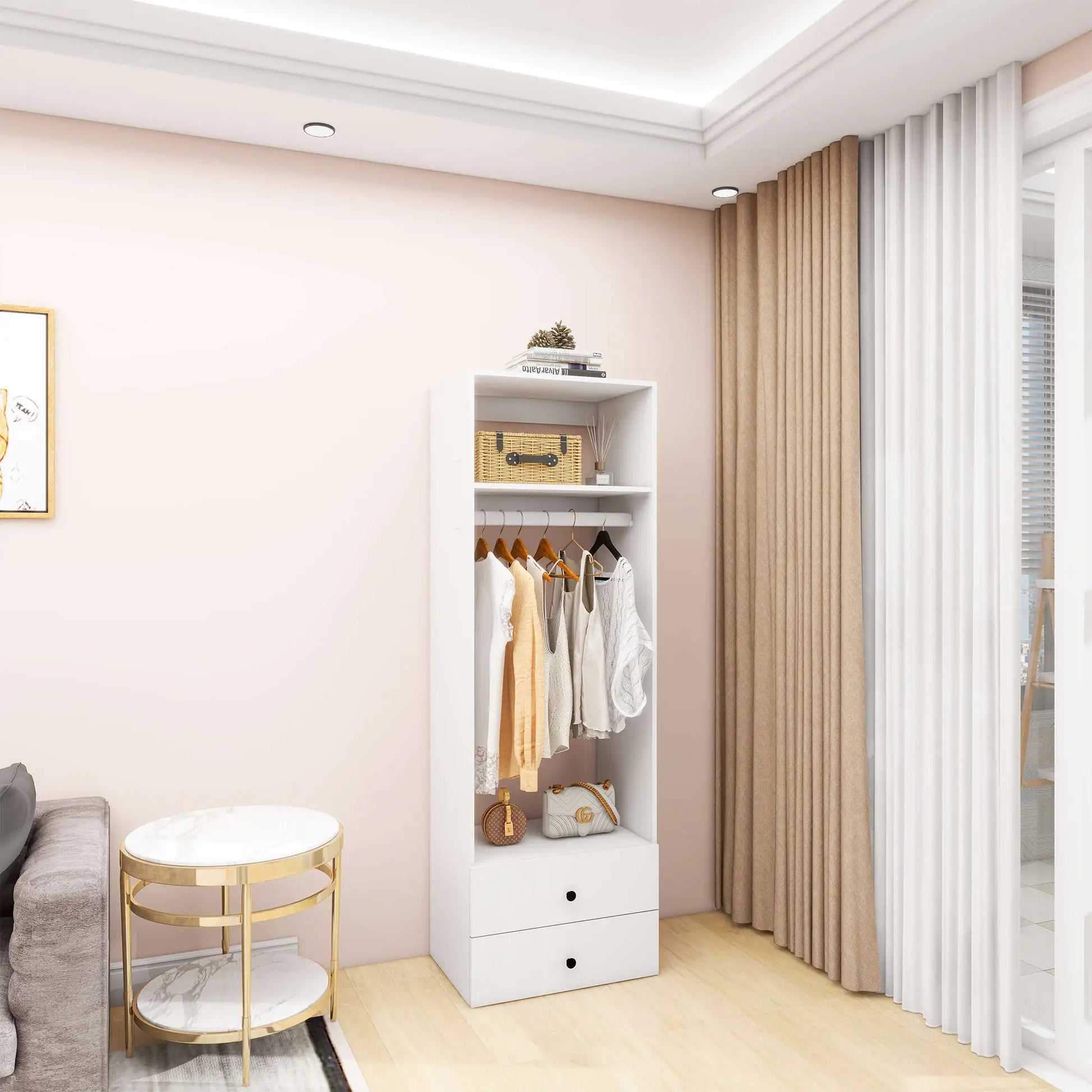 White modular wooden closet organizer system with hanging rod, shelves, and drawers in modern living room