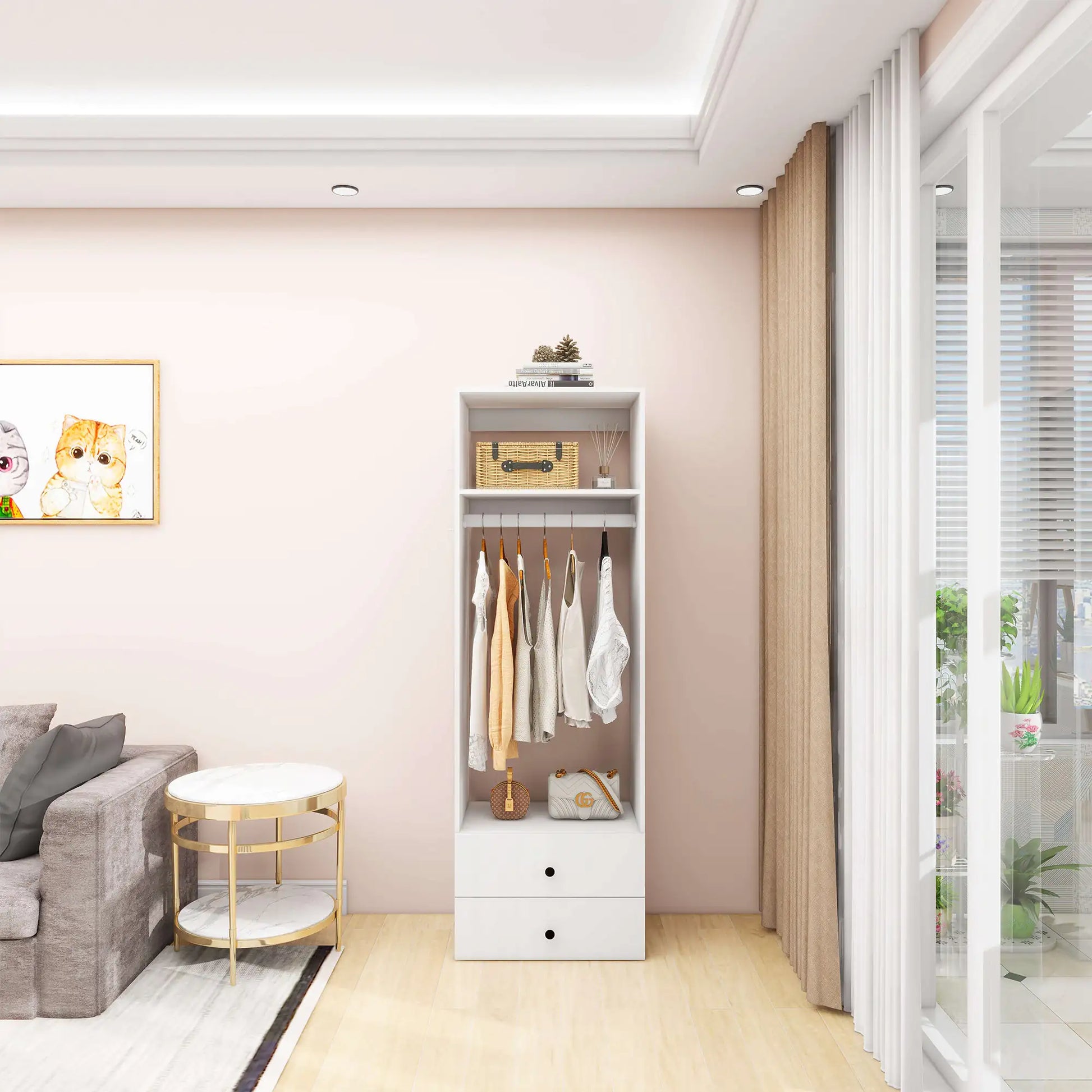 White modular wooden closet organizer system with hanging clothes and drawers in a modern living room