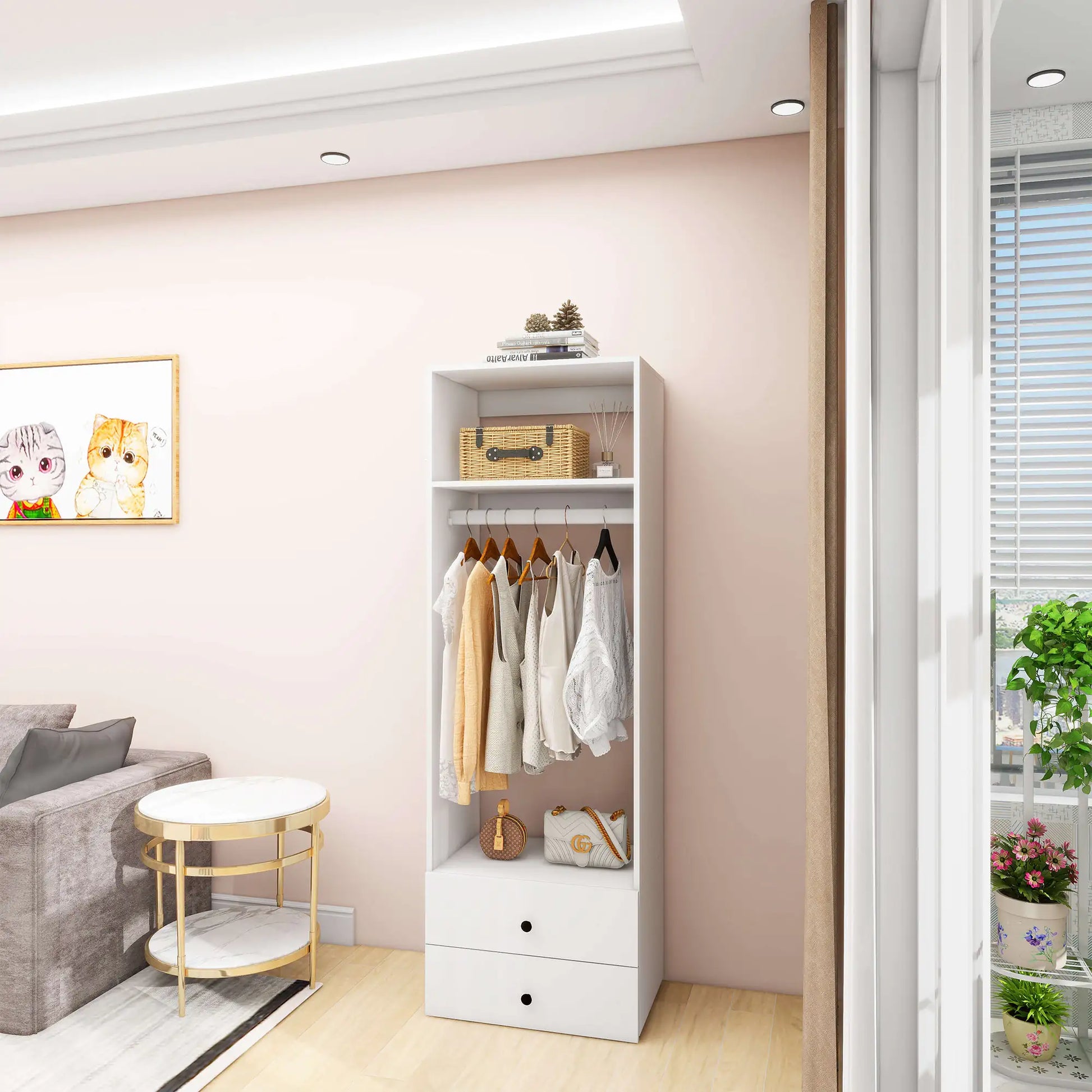 modern modular wooden closet organizer system in white with hanging clothes and storage drawers