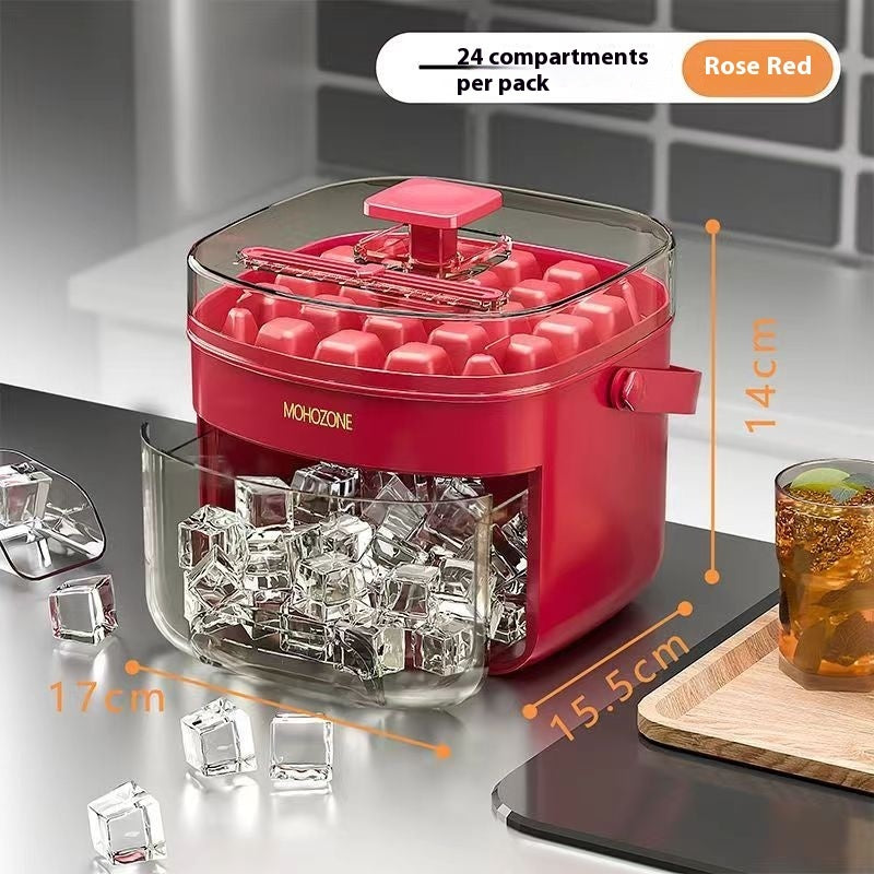 Rose red 24 compartment food grade plastic ice tray with transparent lid for kitchen storage