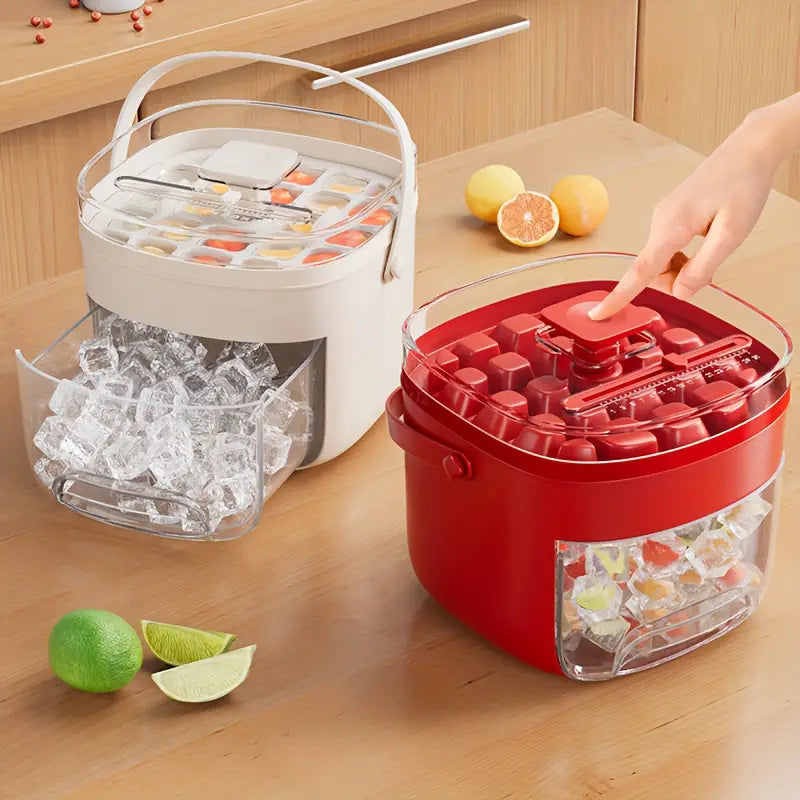 Shopi Vella kitchen storage food grade plastic ice tray in red and white with clear ice dispensing drawer
