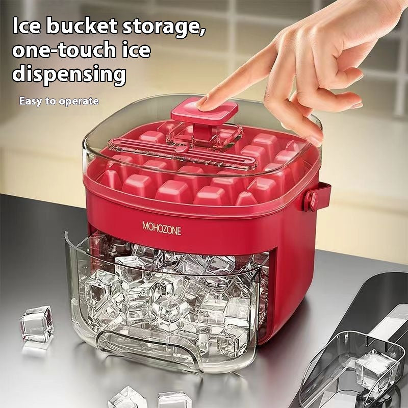 Shopi Vella food grade plastic ice tray with ice bucket storage and one-touch ice dispensing in red