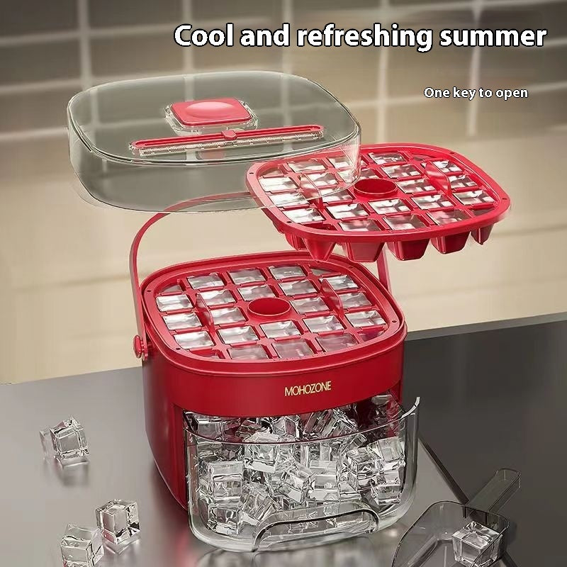 Shopi Vella food grade plastic ice tray in red with clear cover and ice storage compartment