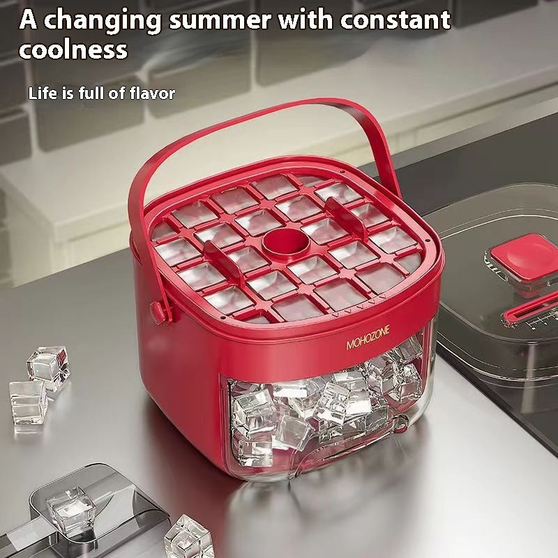 Red Shopi Vella food grade plastic ice tray with handle and ice cube storage container