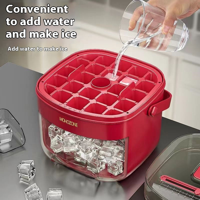 Shopi Vella red food grade plastic ice tray with transparent compartment and handle being filled with water