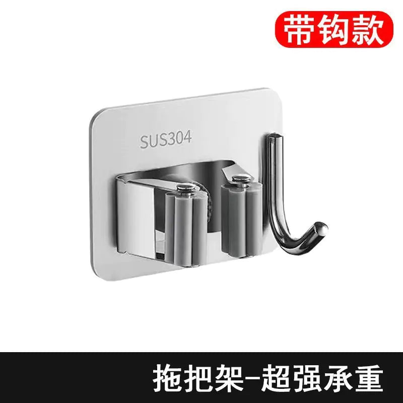 Stainless steel mop and broom storage organizer wall mount with hook for hanging cleaning tools