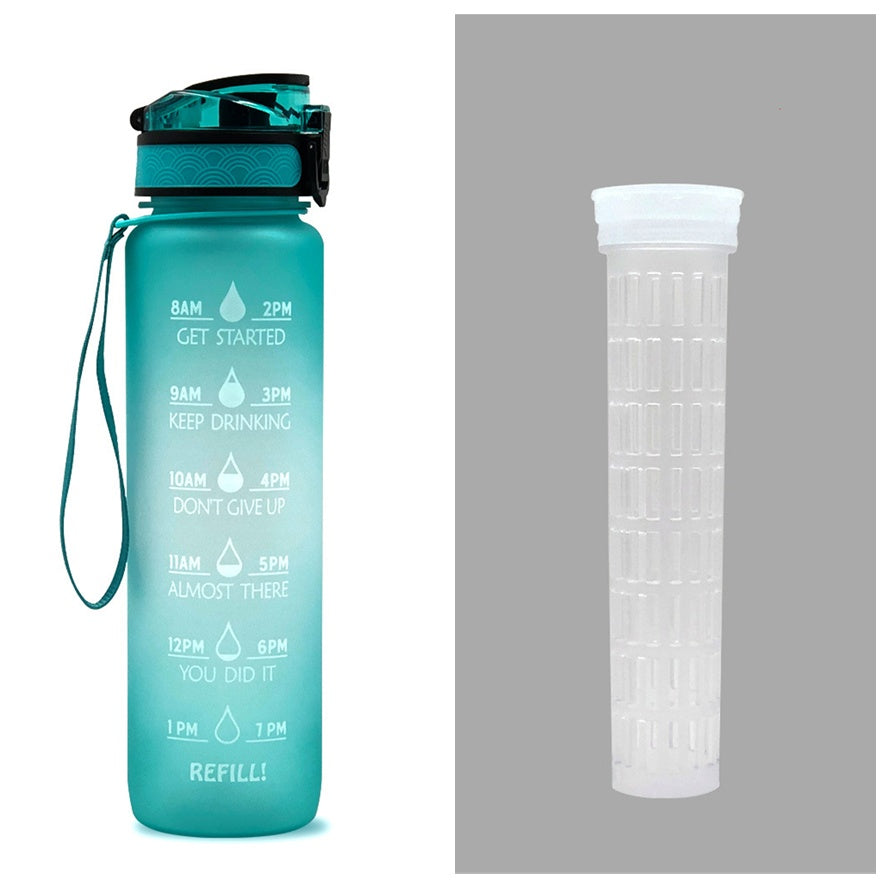 Shopi Vella motivational water bottle with time marker in teal and a white infuser stick