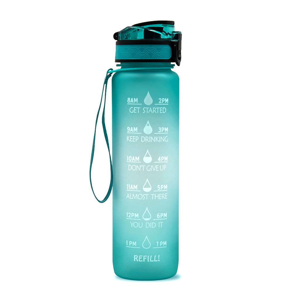 Shopi Vella motivational water bottle with time marker in teal color for tracking hydration
