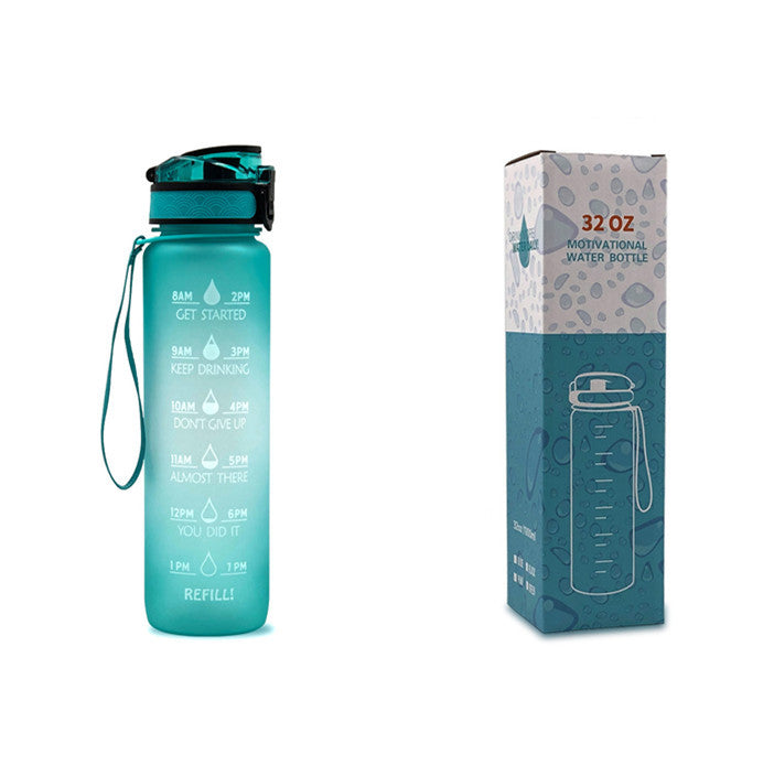 Shopi Vella 32 oz motivational water bottle with time marker and motivational phrases in teal