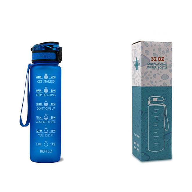 Shopi Vella blue motivational water bottle with time marker and encouraging hydration reminders