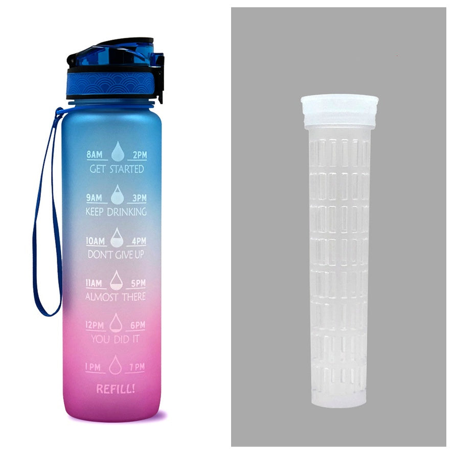 Shopi Vella motivational water bottle with time marker in blue to pink gradient with inspirational quotes