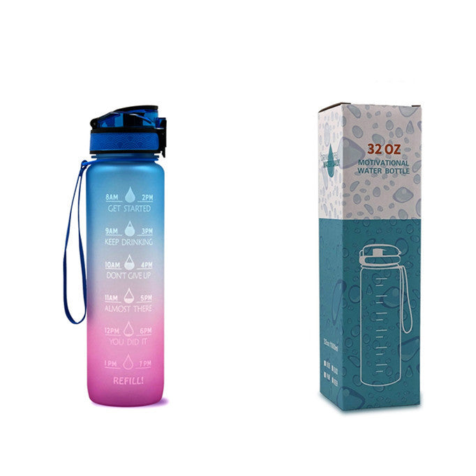 Shopi Vella motivational water bottle with time marker in blue and pink gradient with measurement markings and motivational quotes