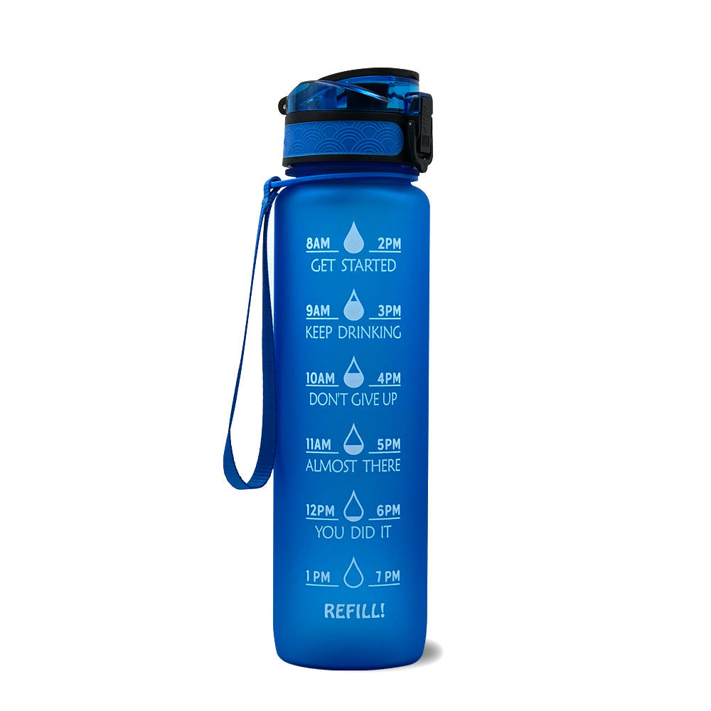 Shopi Vella motivational water bottle with time marker in blue with flip lid and carrying strap