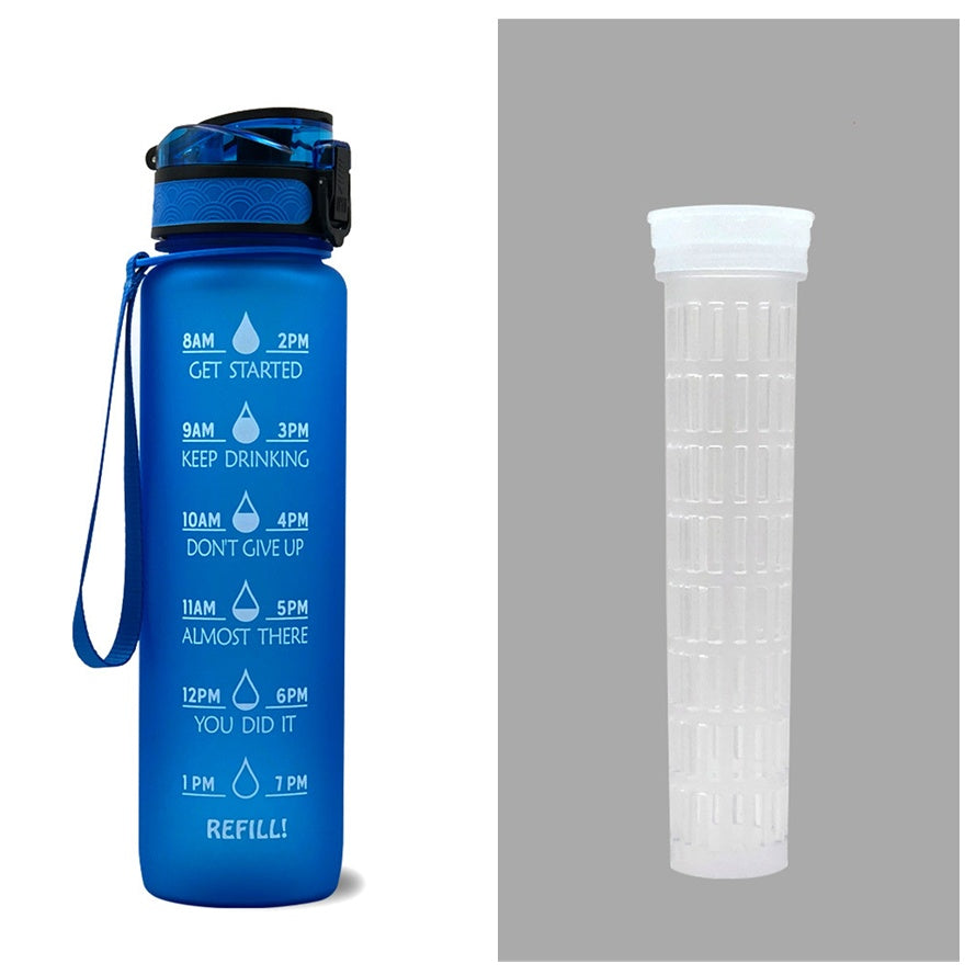 Shopi Vella blue motivational water bottle with time marker and motivational phrases for daily hydration