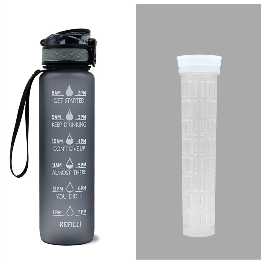 Shopi Vella motivational water bottle with time marker in black with handle strap and measurement labels