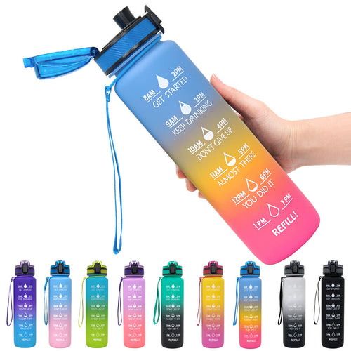 Shopi Vella motivational water bottle with time marker in gradient colors for daily hydration tracking