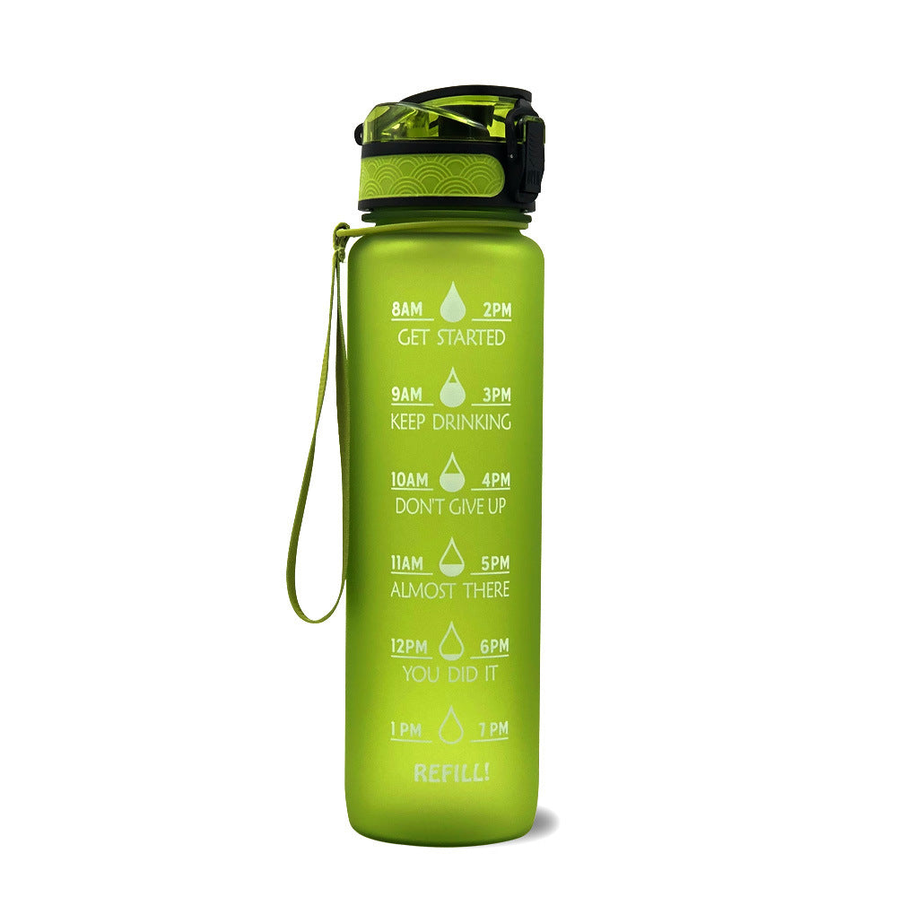 Shopi Vella green motivational water bottle with time marker for tracking daily hydration
