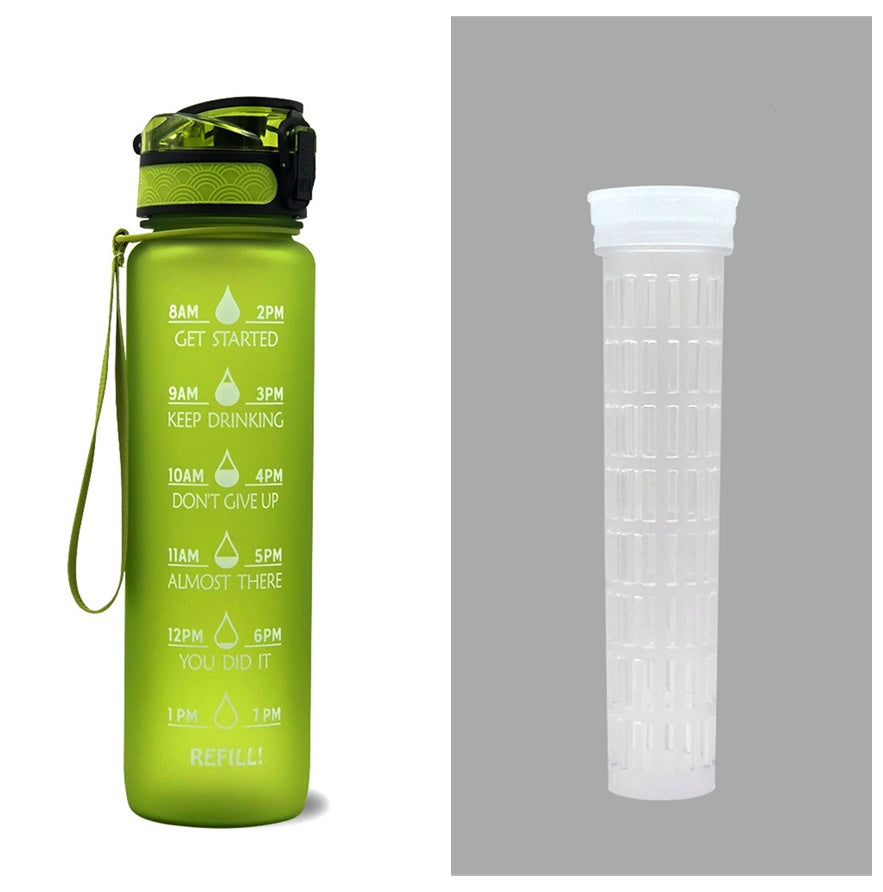Shopi Vella motivational water bottle with time marker in green with wrist strap for daily hydration tracking