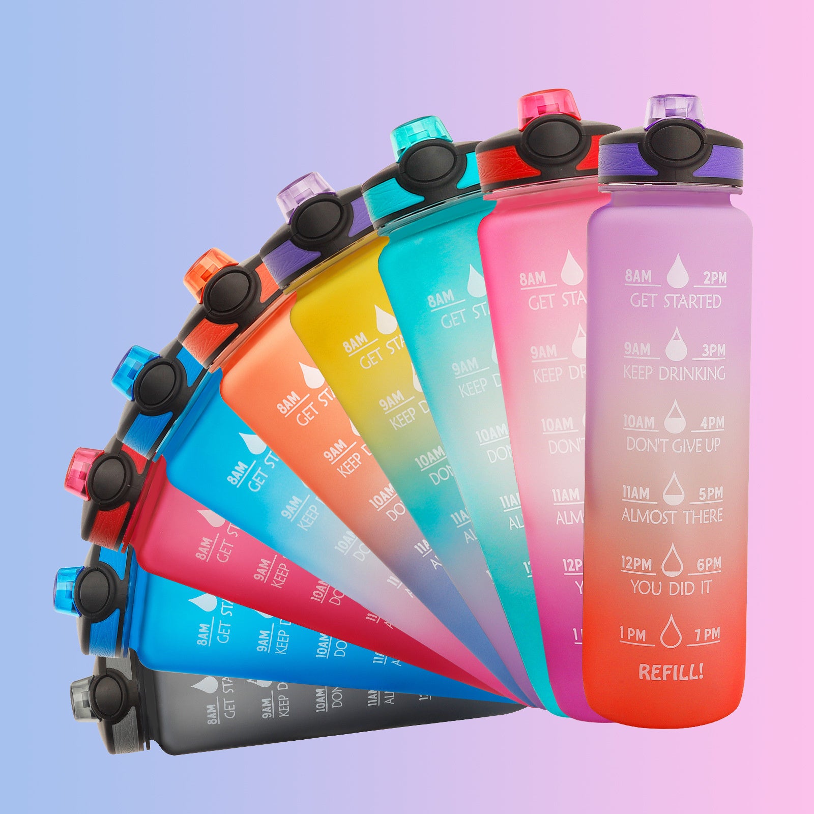 Shopi Vella motivational water bottle with time marker in various colors for tracking hydration