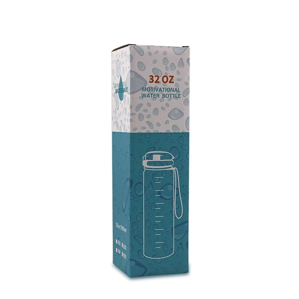 Shopi Vella 32 oz motivational water bottle with time marker packaging box in blue and white
