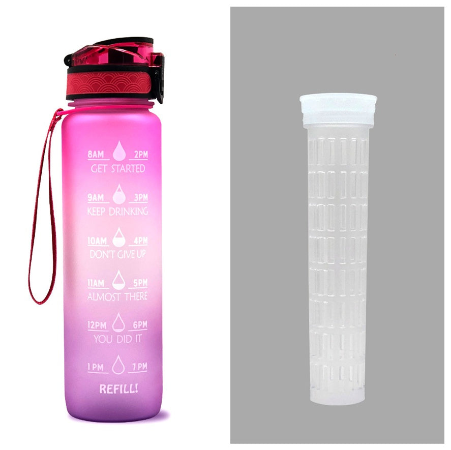 Shopi Vella motivational water bottle with time marker in pink gradient with motivational quotes and clear filter insert
