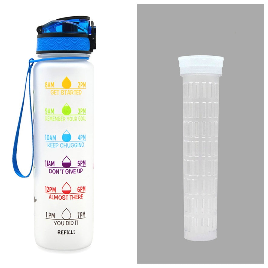 Shopi Vella motivational water bottle with time marker and blue cap alongside a transparent filter tube