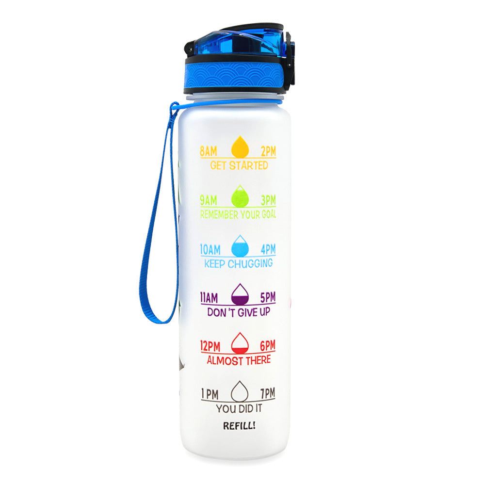 Shopi Vella motivational water bottle with time marker in white and blue with hourly hydration reminders