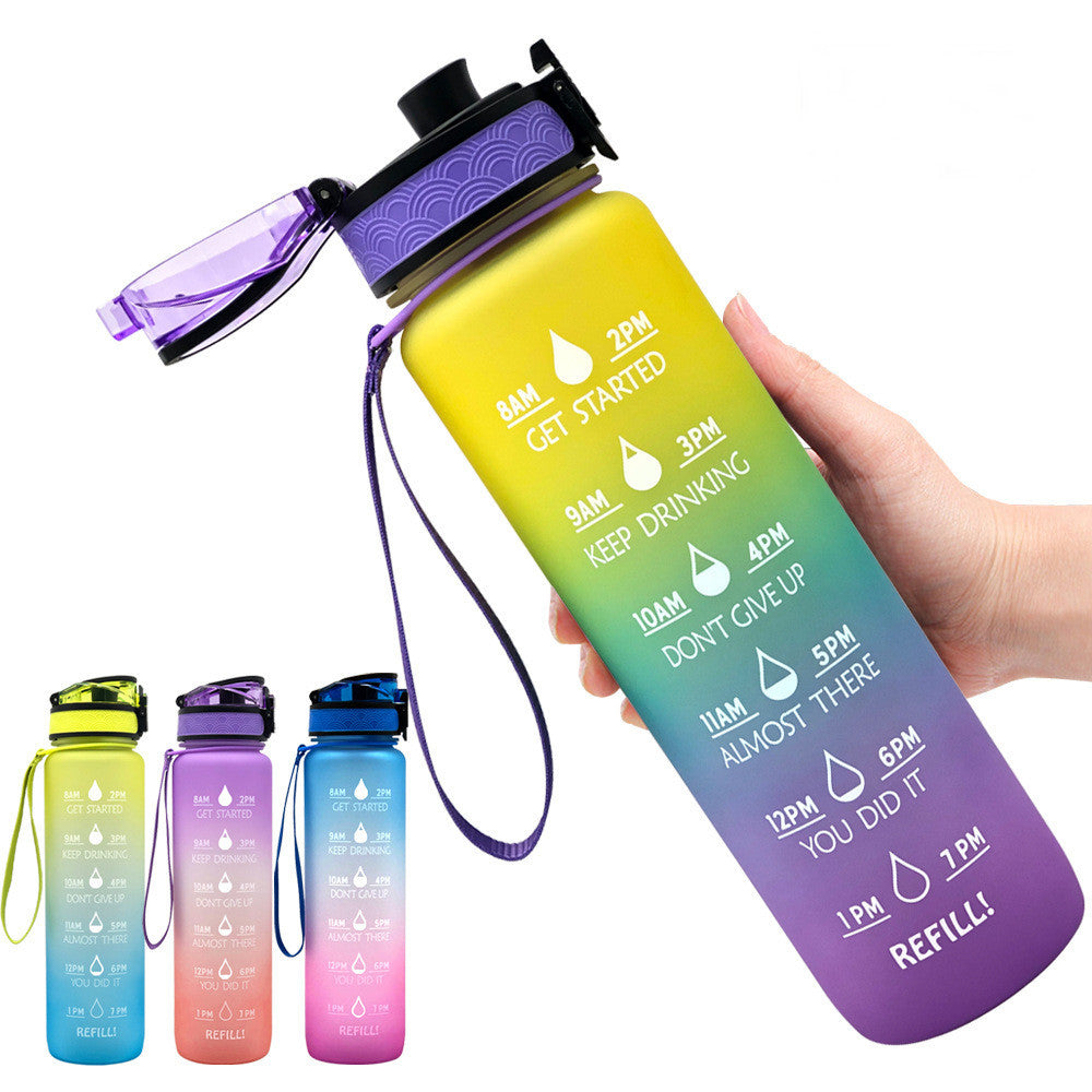 Shopi Vella motivational water bottle with time marker in gradient colors with flip-top lid and carrying strap